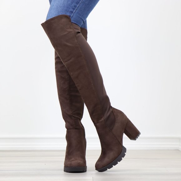Brown Thigh High Over The Knee Lug Block Heel Boots Faux Suede Round Toe - Picture 13 of 16